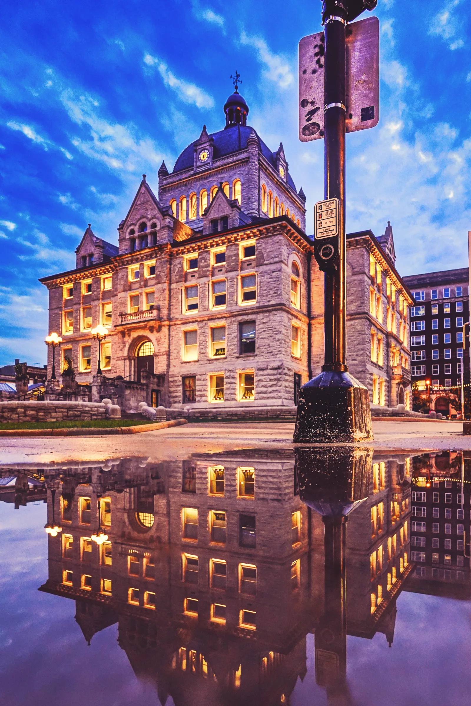 Blue-hour view of the historic Fayette County courthouse and downtown Lexington, Kentucky