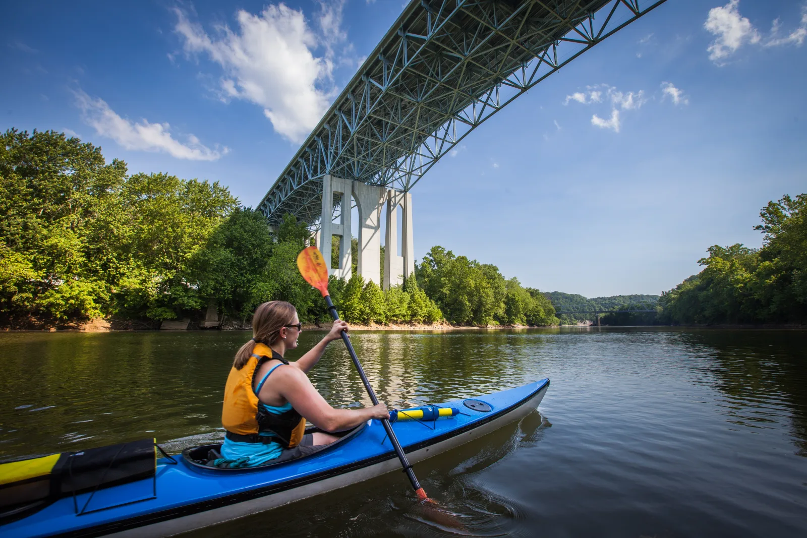 Kayaking on a calm river near Lexington in late spring