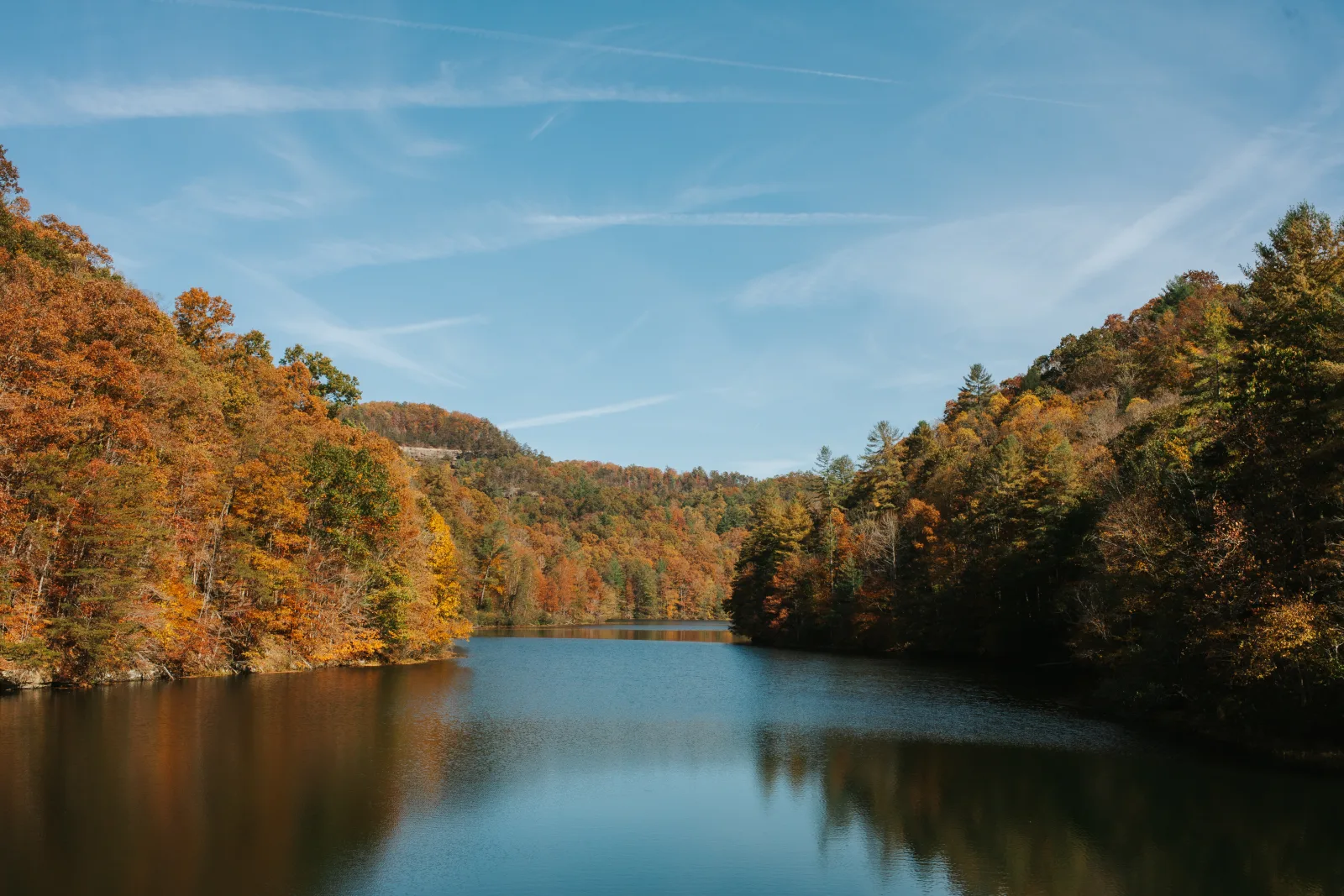An autumn lake reflecting fall color near Lexington