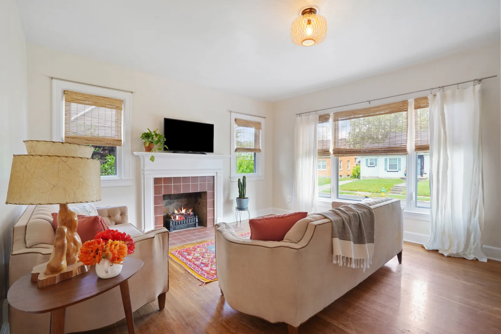 A bright staged living room in a Lexington KY home